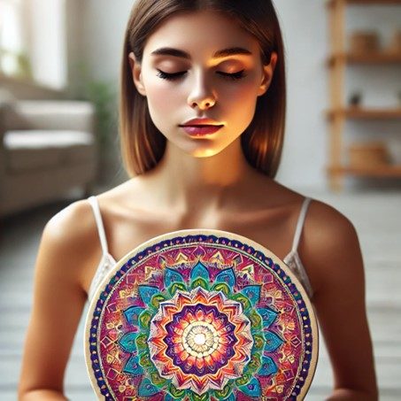 Une jeune femme qui médite avec un mandala