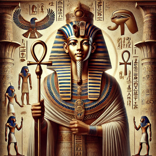 pharaon de l'Égypte ancienne, symboles  la double couronne, le sceptre, et l'ankh, ainsi que d'autres symboles de pouvoir divin et de leadership