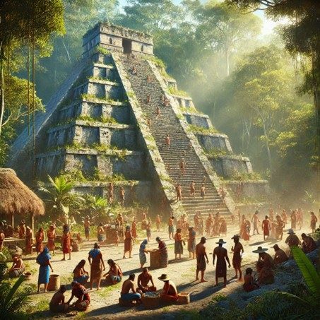 des mayas rassembles autour d une grande pyramide dans un cadre de jungle