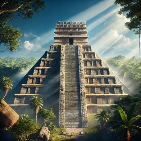 cette illustration met en évidence les détails architecturaux et l'ingéniosité des constructions mayas