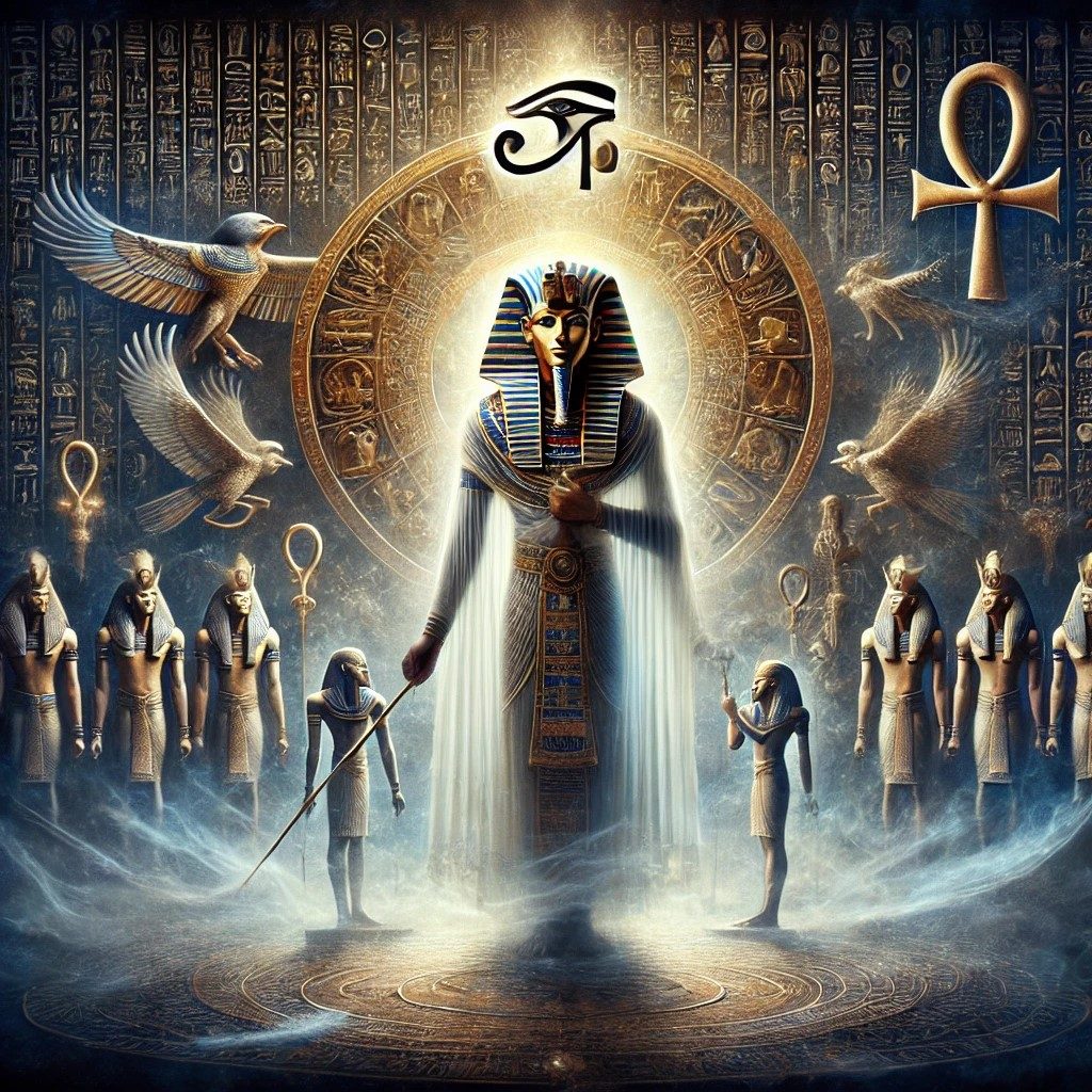 Illustrant la spiritualité autour des pharaons, mettant en évidence leur rôle sacré et leur connexion profonde avec la mythologie et la religion de l'Égypte ancienne.