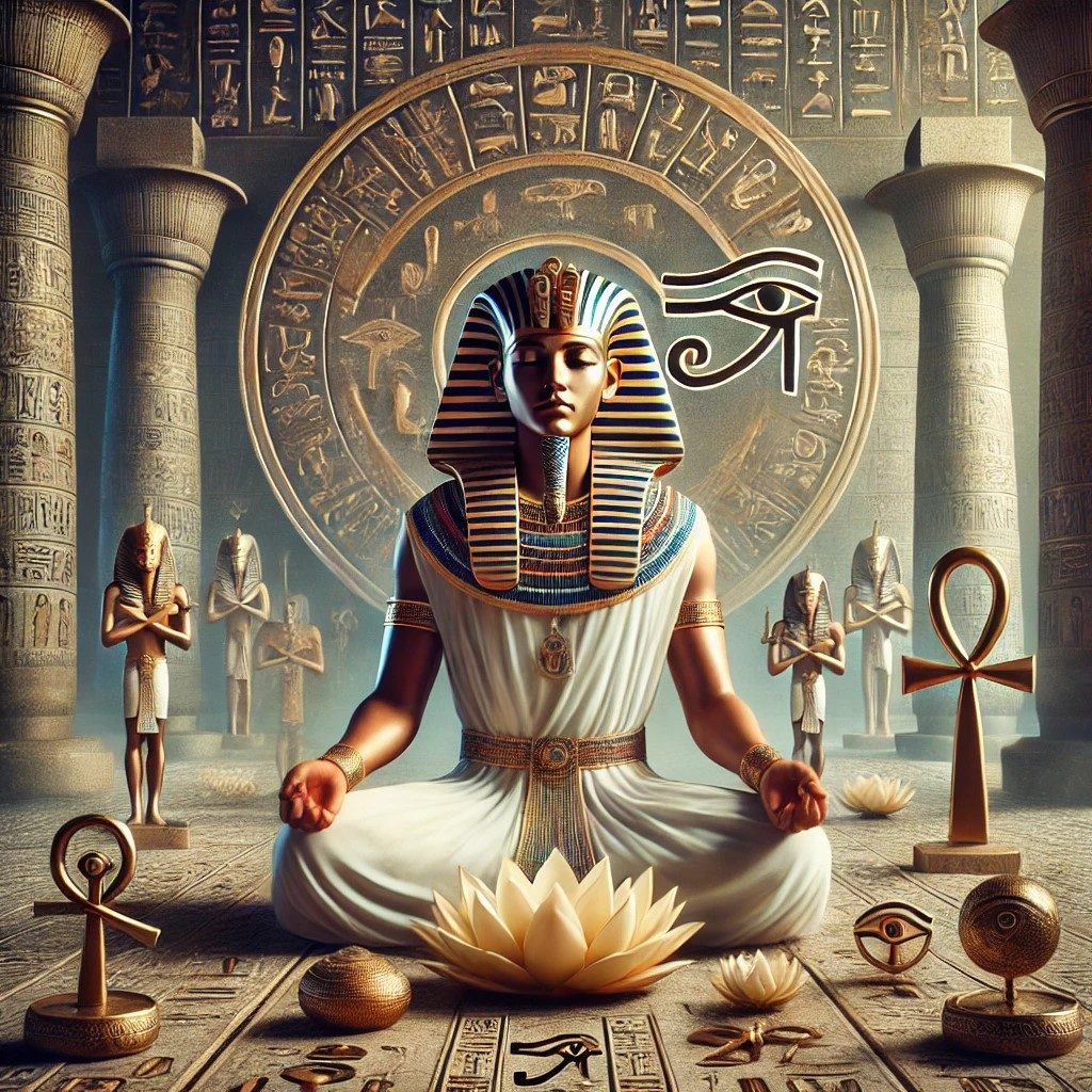 un pharaon en posture de méditation, entouré de symboles de spiritualité tels que l'ankh, l'œil d'Horus, et des fleurs de lotus.